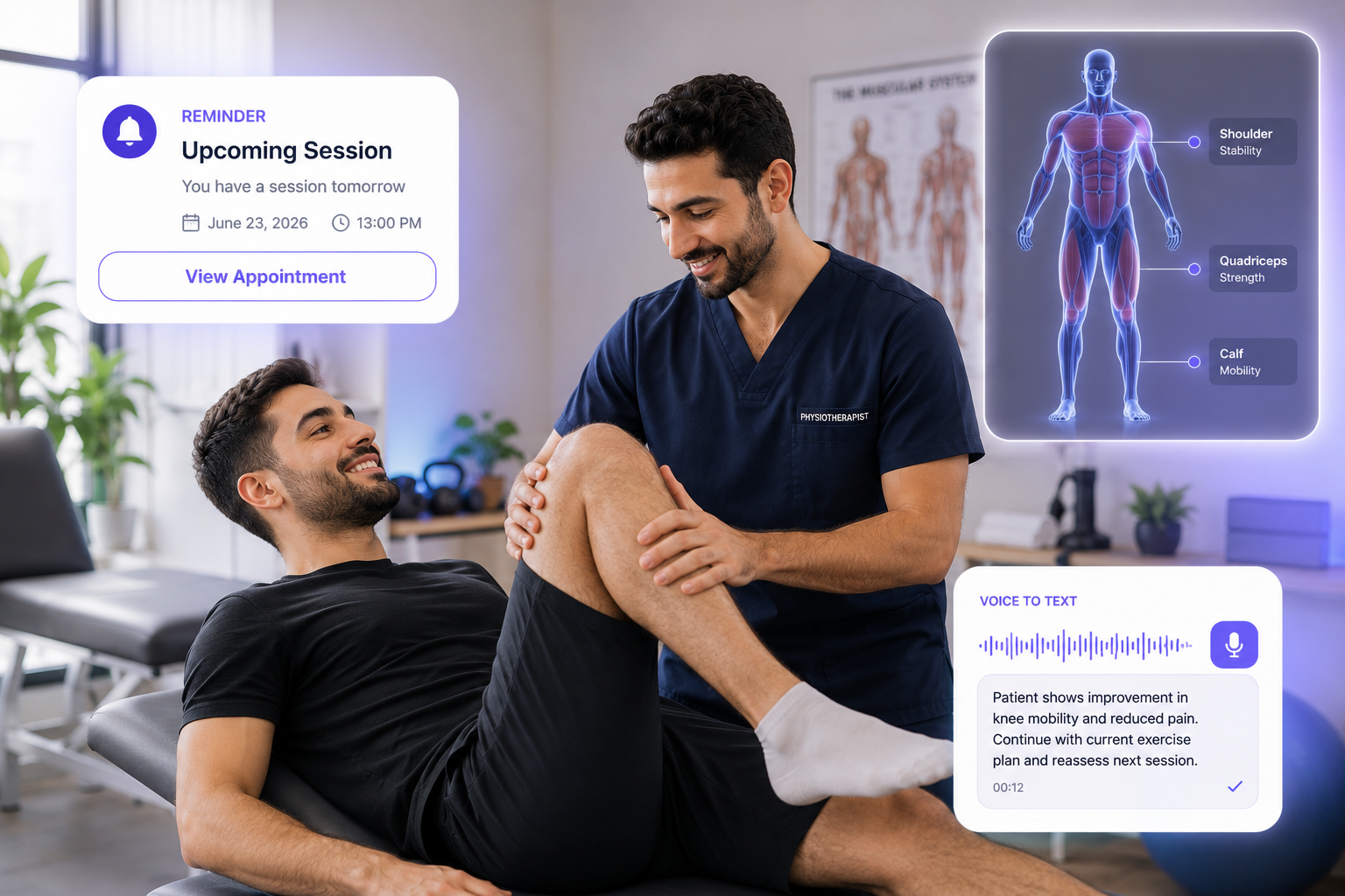Physiotherapist working with a client with session reminder and voice-to-text notes