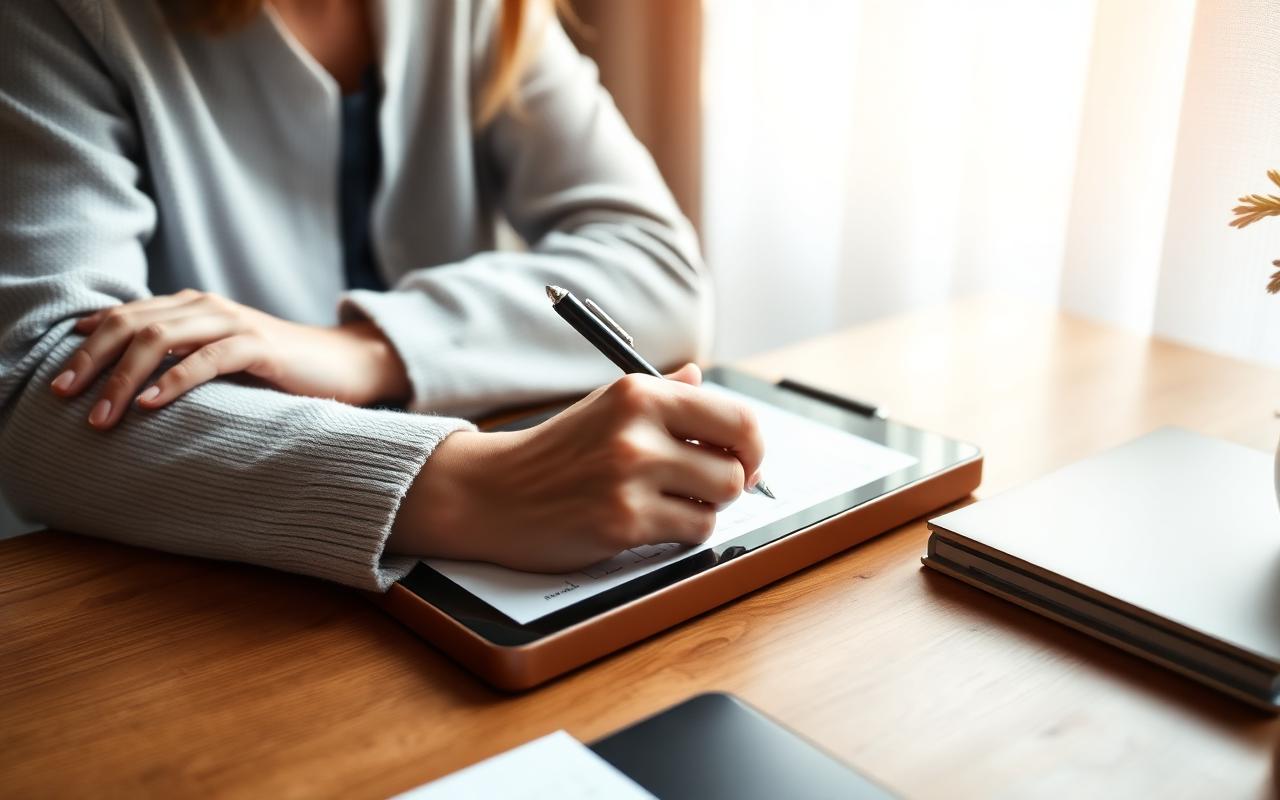Practitioner writing session notes on a tablet